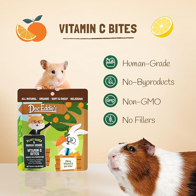 DOC EDDIE'S Vitamin C Bites Soft & Chewy Treats for Hamster, Rabbit, Chinchilla, Bunny, Gerbil, Mouse, Rat, Hedgehog, Squirrel, & Guinea Pig Friendly - Made w/Real Fruit & Organic, New & Tastier
