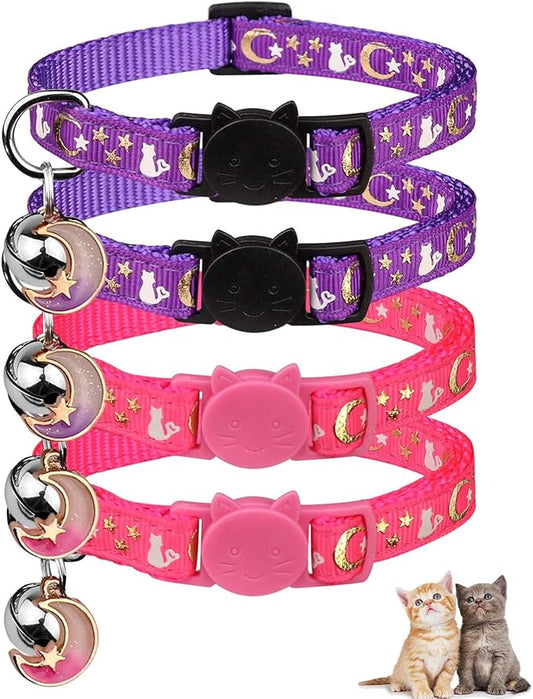 4PCS Cat Collar with Bells,Breakaway Cat Collars,Moons Stars Cute Kitty Adjustable Safe Kitten Collars Pendant Glow in The Dark,Cat Collars for Girl Cats 8.0-13.0 Inch(2 Purple & 2 Pink)