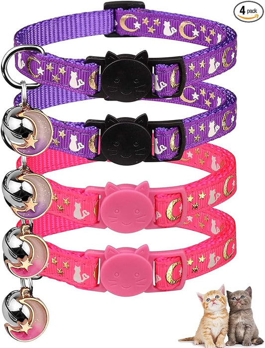 4PCS Cat Collar with Bells,Breakaway Cat Collars,Kitten Collar with Bell Moons Stars Cute Kitty Safe Kitten Collars with Pendant,Cat Collars for Girl Cats 6.9-10.7 Inch(2 Purple & 2 Pink)