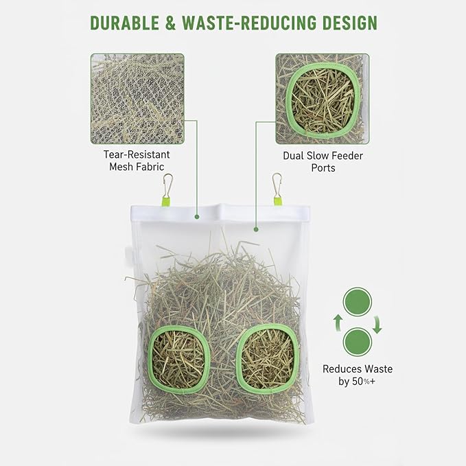 Rabbit Hay Feeder Bag, Chew-Resistant Dual-Hole Slow Dispenser for Bunny & Guinea Pigs 9.8x11inches, 2025 New Model