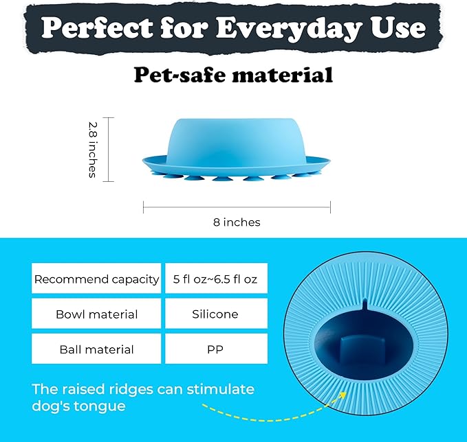 PEDAY Nonslip Dog Slow Feeder Lick Bowl with Ball, Enrichment Toy for Water, Yogurt & Jam, Dishwasher Safe, Blue