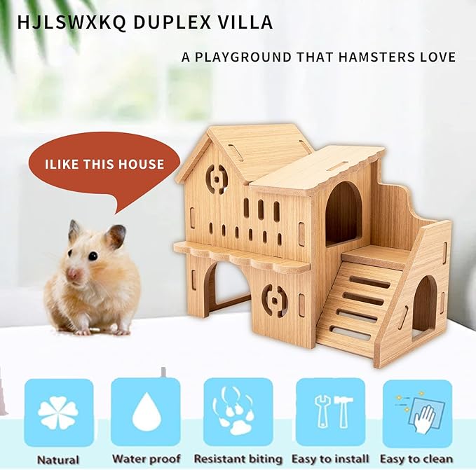 Natural Wood Hamster Habitat Hideout Cage Accessories, Maze Cabin with Fun Slide & Double-Decker House, Exercise Toys for Dwarf Hamsters, Gerbils, Mice, Other Small Animals(Only for Small Hamster B)
