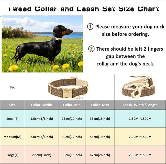 Luxury Soft Cotton Tweed Fabric Dog Collar & Leash Set with Gold Buckle – Durable Fabric, Stylish Design for Everyday Walks(Medium Coffee)
