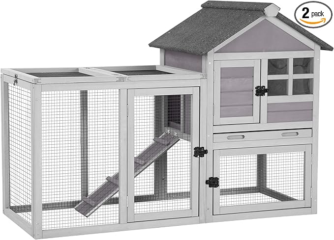 Aivituvin Rabbit Hutch Indoor Outdoor 51.6''L Chicken Coop Bunny Cage with Run,Guinea Pig House Pull Out Upper Tray (51.6" L x 25.2" W x 36.2" H, Grey-1 Set)
