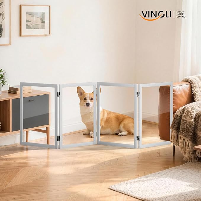 VINGLI Clear Acrylic Freestanding Dog Gate, Transparent Pet Fence with Solid Hardwood and Plastic Board, Pet Gates for Christmas Tree Stairs and Doorways (4 Panels)