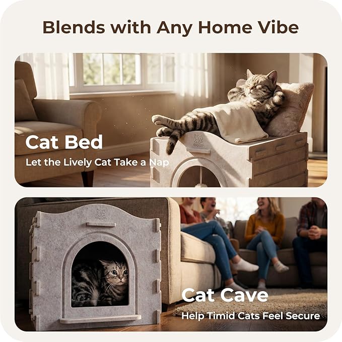 Apasiri Cat Bed Cave for Indoor Cats: New Felt Cat Bed with Fluffy Ball Hanging, Foldable Cat House with Scratch-Resistant Board, Hideaway Cat Cave for Timid Cats, Sturdy Two-Tier Cat Condo - Gray