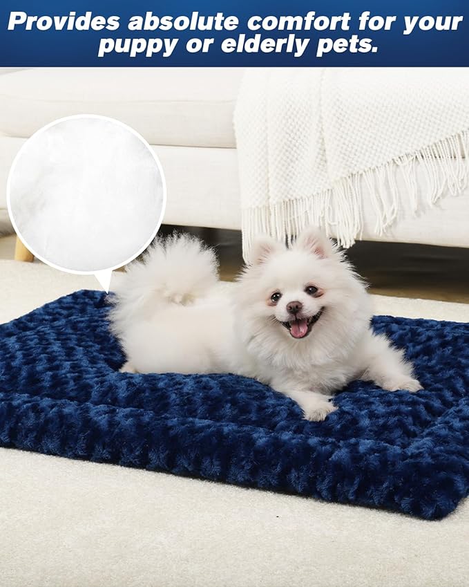 Washable Dog Bed Mat Crate Pad Soft Fluffy Pet Kennel Beds Dog Sleeping Mattress for Large Jumbo Medium Small Dogs, 48 x 30 Inch, Blue