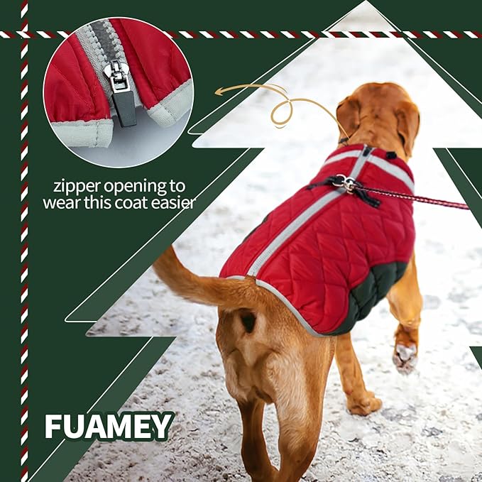 FUAMEY Dog Coat for Large Dogs,Waterproof Dog Winter Jacket with Harness Built in Puppy Cold Weather Coats Reflective Pet Vest with Zipper Warm Fleece Dogs Snowsuit Windproof XL