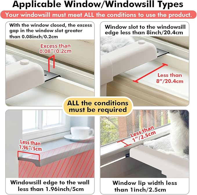 Zoratoo Window Sill Mount Cat Perch for Indoor Cats, One-Step Sliding Clamping Slot Adjustment Cat Hammock with Washable Cover, No Suction Cups Pet Bed for Windowsill & Bedside (Medium)