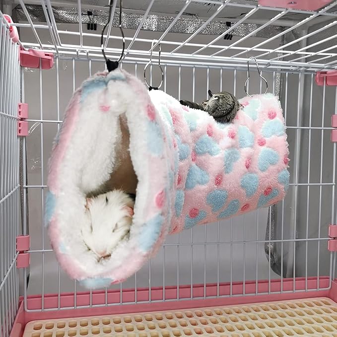 LEFTSTARER Hanging Tunnel for Small Animals Guinea Pig Accessories Sugar Glider Cage Accessories Hamster Rat Toys Ferret Hammock（Heart-Pink）