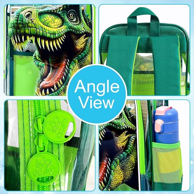 16" Dinosaur Clear Backpack for Boys - 3Pcs School Stadium Approved Transparent Set, Campus See Through Bookbag with Lunch Box (Green)