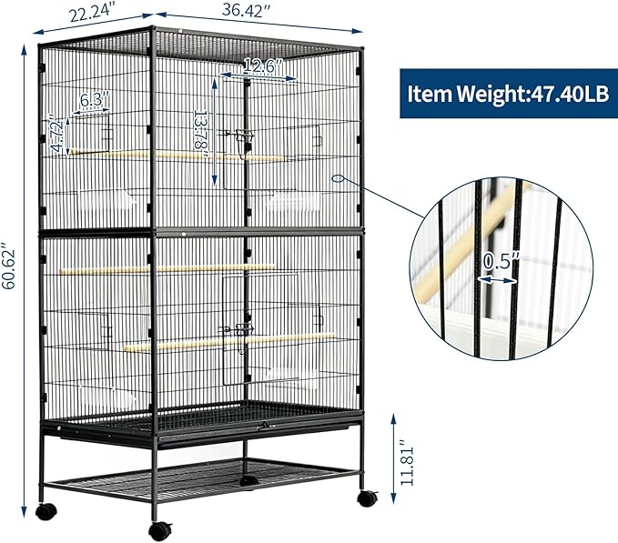 GarveeHome 60" H Large Bird Cage, Bird Cage with Rolling Storage Stands, Feed Bowls, Wide Tall Parakeet Cage for Parrots, Conures, Cockatiel, Cockatoo