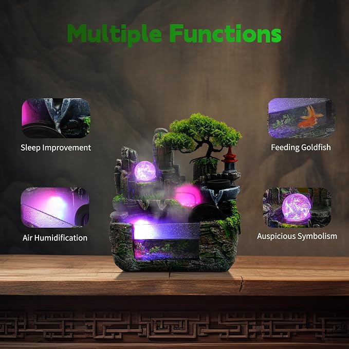 Tabletop Water fountainRockery Tabletop Fountain Indoor Waterfall | with an Atomizer Elaxation Water Feature Meditation with LED Light for Desktop Home Office Decor