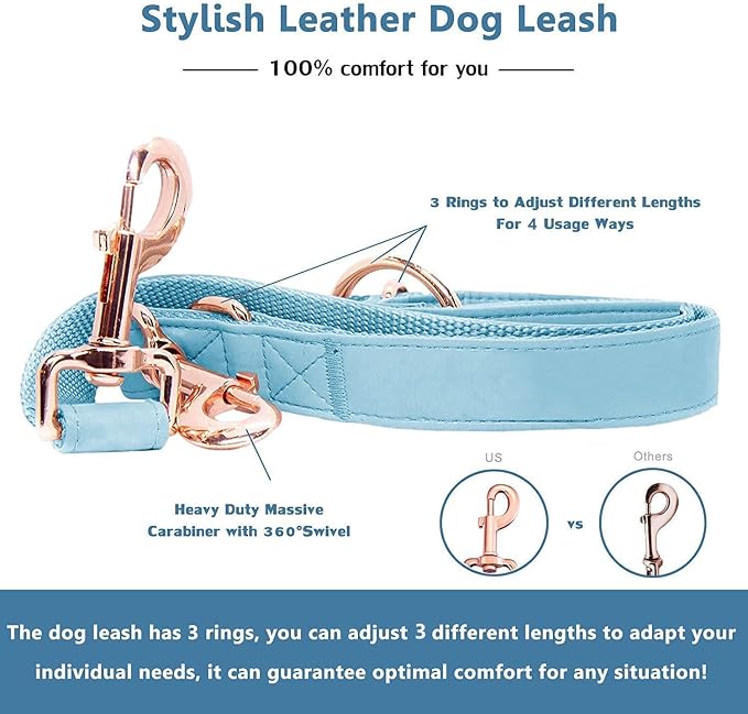 Soft Leather Dog Collar and Leash (6.6') Set - Stylish Rose Gold Heavy Duty Metal Buckle, 4 Adjustable Lengths Leash for Small Medium Large Dogs - Comfortable & Easy to Clean Light Blue M(13.8"-19.7")