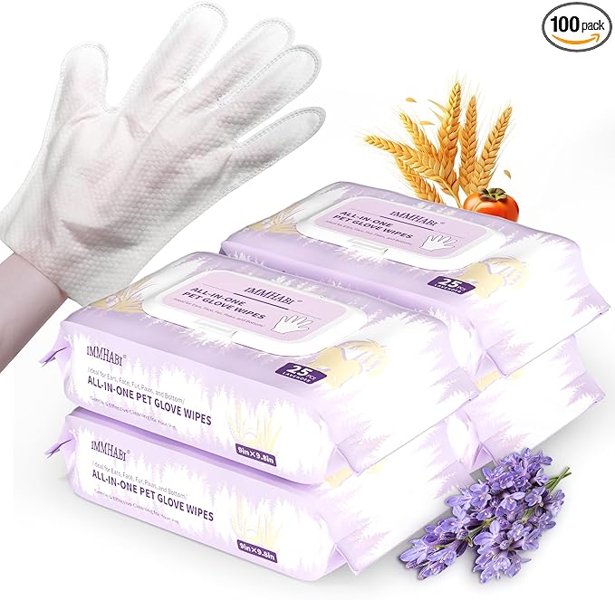 IMMHABI 100 Pcs Cleaning Deodorizing Pet Glove Wipes for Dogs & Cats, Hypoallergenic Dog Bath Wipes with Natural Deodorizer Persimmon Tannin, Pet Bathing Wipes for Horse Coat Care Lavender Scent