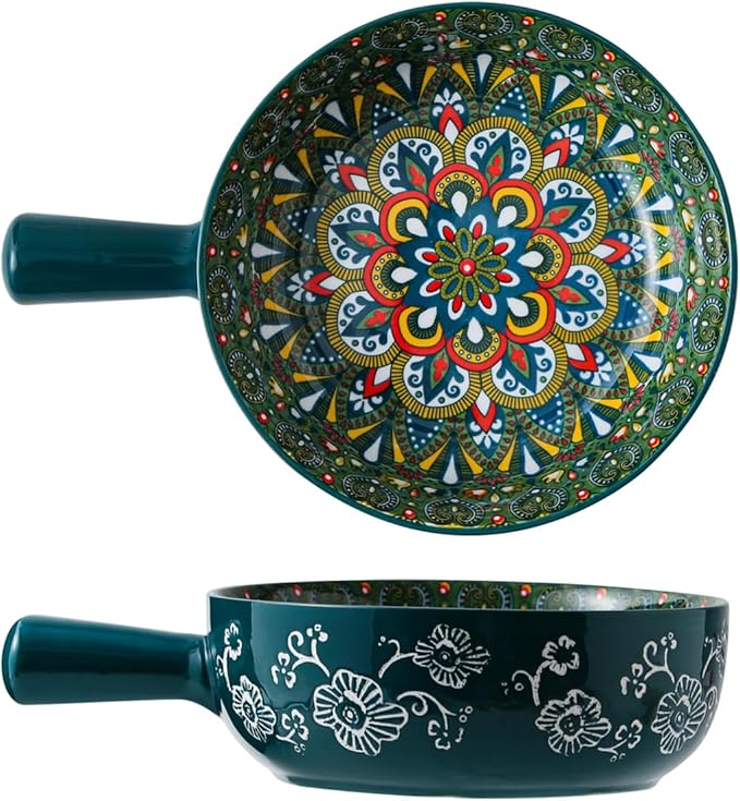 Bohemian Ceramic Soup Bowl with Handle – 23oz, 8.66" – Handmade Spagehetti Bowl Colorful Floral – Wide Shallow for Soup Microwave & Dishwasher Safe Pasta Salad Dish Green 1 PC