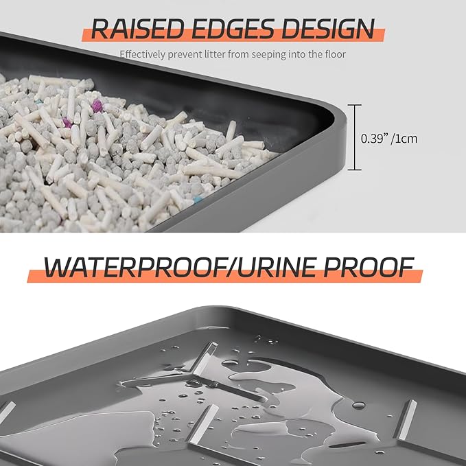 Bulkniu Silicone Cat Litter Mat with Raised Edges, Waterproof/Urineproof, Litter-Collecting Interior Ridges, Soft & Pet-Friendly (24"x16"-Dark Grey)