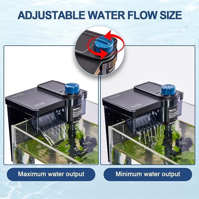 Hang on Back Aquarium Filter，Aquarium Filter，Quiet for 3-15 Gal. | Adjustable Flow, With surface skimmer and sponge guard.Freshwater & saltwater compatible, 6W, 140 GPH.