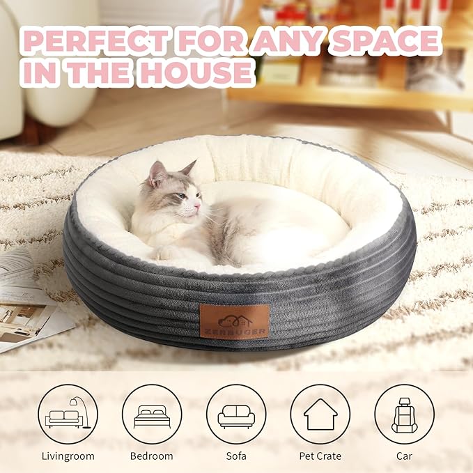 Zerbuger 20in Washable Cat Beds for Indoor Cats - Round Donut Pet Bed for Cats, Small Dogs, Puppy, Kitten - Anti-Slip Bottom, Calming Bed Gift - Dark Grey