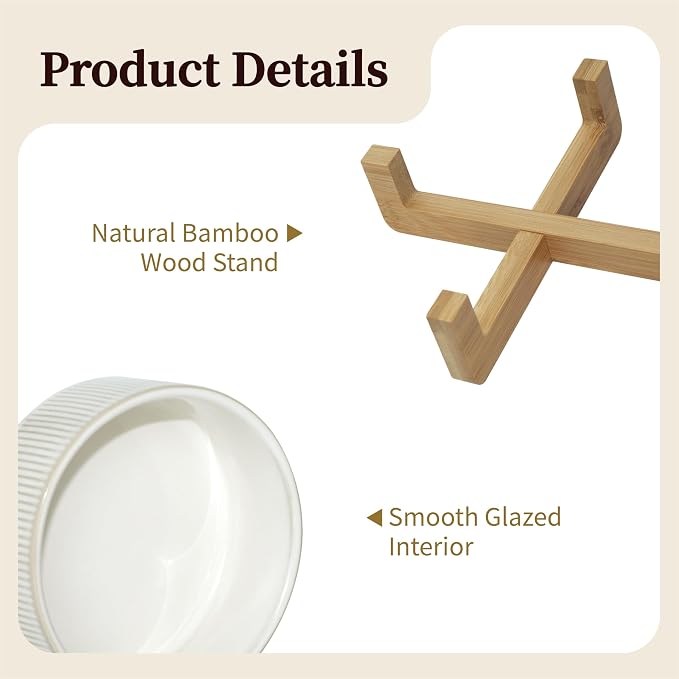 Elevated Ceramic Cat and Dog Double Bowl Set - 14 oz Lead-Free Feeder with Two Natural Bamboo Wood Stands (White Stripes)