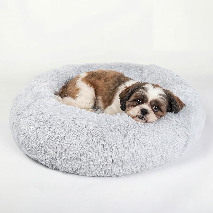 Calming Donut Dogs Beds for Small Dogs Washable,23inch Plush Round Pet Bed for Cozy Sleep,Fluffy Faux Fur Large Cat Bed,Fits up to 25 lbs Pets,Frost Grey