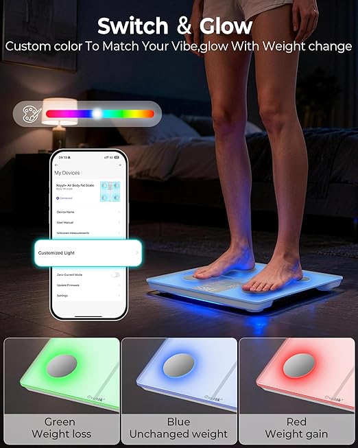Ovutek Smart Body Fat Scale with 14 Body Composition Metrics Including BMI, Muscle Mass, Weight Bathroom Scale with Color-Changing, Fitness App - Flash White