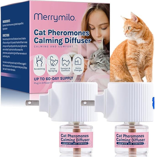 Cat Calming Pheromones Diffuser: 2 Classic Cats Plug-in Refill Diffusers for Relaxation & Comfort - Reduce Stress Barking & Scratching - Indoor 60 Days Supply