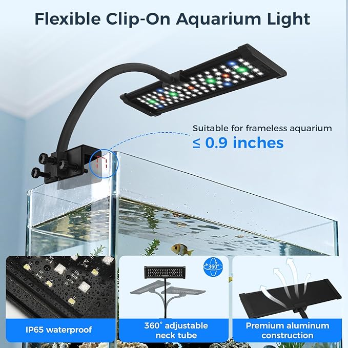 Aquarium Fish Tank LED Light - 18W Clip on Plants Lamp Light for 10 20 30 Gallon Frameless Fish Tank with Timer DIY Mode, 9 Colors Adjustable Brightness, 24/7 Full Spectrum