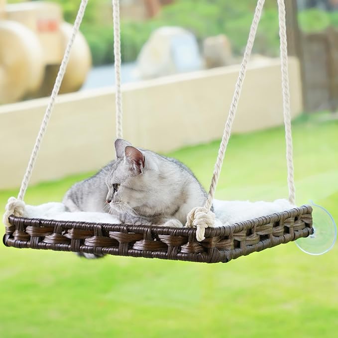 SETVSON Cat Window Perch, Cat Window Hammock Bed for Indoor Cats, Large Handwoven PE Rattan Window Seat, 4 Suction Cups, Double Sided Washable Cushion Bed, 2.3 Inch Fence Shelf, for Pet Kittens Brown