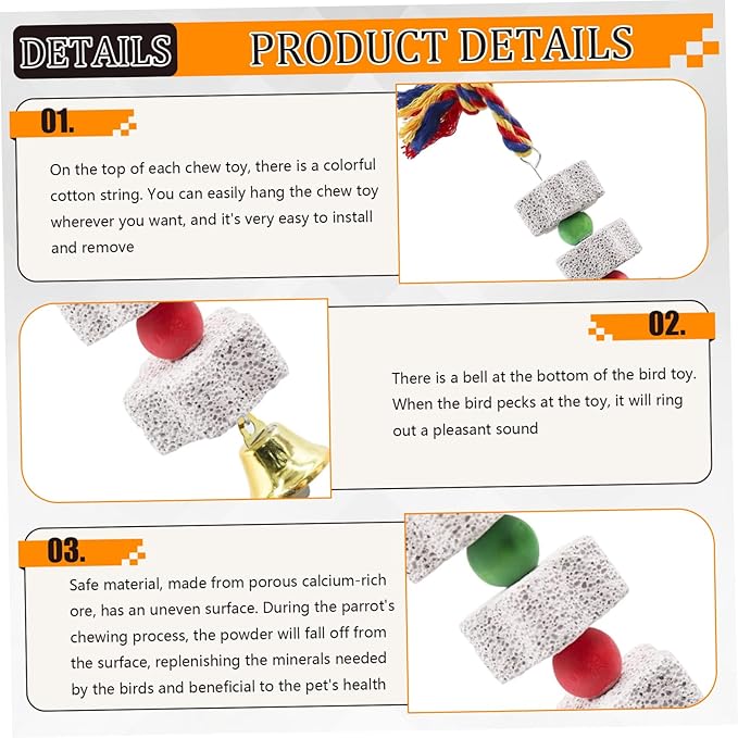 2PCS Bird Beak Grinding Stone, 13.8" Mineral Block for Birds with Bell, Hanging Parrot Chewing Toys for Cage Budgies Cockatiel Hamster Chinchilla