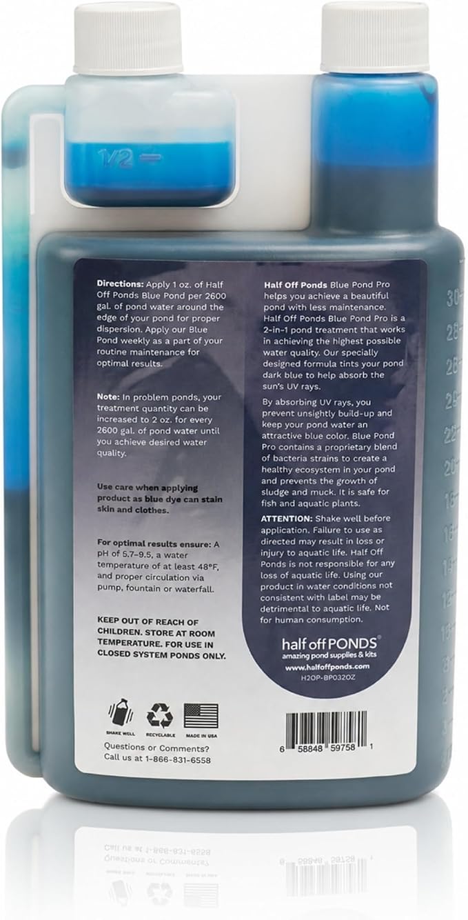 Blue Pond Dye for Clear Water & Sunlight Control, 32 oz | Deep blue tint, shades water to reduce sunlight, won't stain when diluted, fish and plant safe, enhances pond appearance