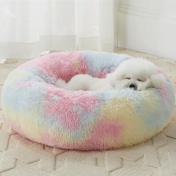 WNPETHOME Calming Dog Bed Cat Bed Donut, Faux Fur Pet Bed Self-Warming Donut Cuddler, Comfortable Round Plush Dog Beds (30 x 30 x 10 Inch, Rainbow)