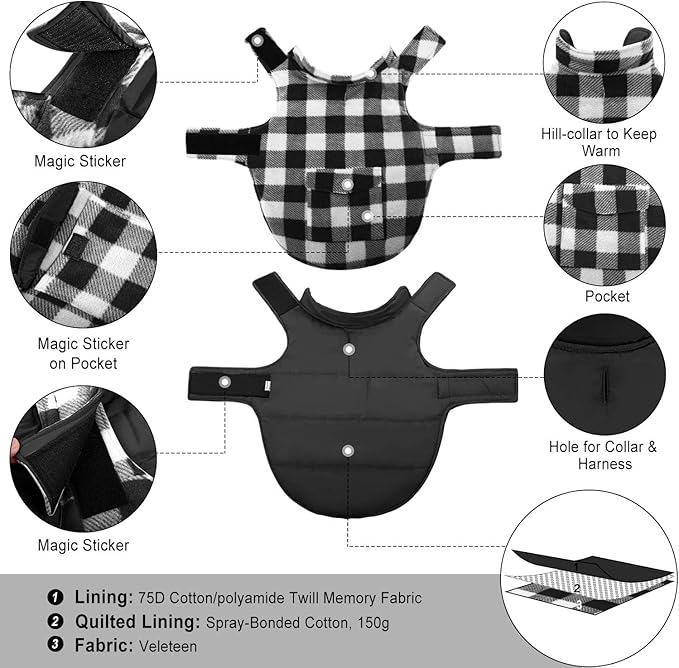 ASENKU Dog Winter Coat, Fleece Doggie Jacket Plaid Reversible Vest Waterproof Windproof Cold Weather Clothes for Small Medium Large Dogs (L, White)