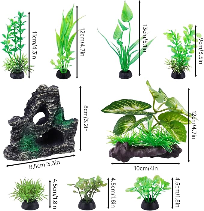 NiHome 9PCS Realistic Aquarium Artificial Plant Decoration Set, Weighted Base Driftwood, Rock Mountain & Aquatic Plants, Non-Fading Aquascape Greenery Ornaments for Freshwater or Saltwater Fish Tanks