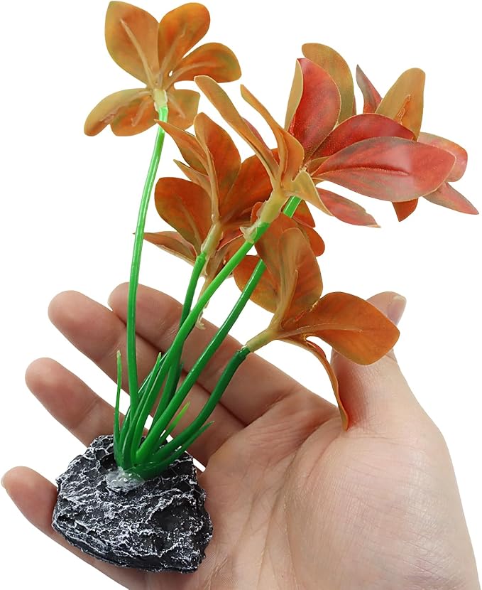 Aquarium Plants Fish Tank Decorations 6.69 Inch Artificial Plastic Plants with Weighted Base, Soft Silk Leaves Realistic Design for Betta Fish Reptile Tank Habitat Decor (Red Type-A)