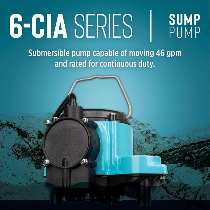 Little Giant 1/3 HP Cast Iron Submersible Sump Pump, Blue | Automatic Integral Diaphragm Float Switch, 2760 GPH, Cast Iron Housing, Polypropylene Base, 10-Foot Cord, 115V, Model 6-CIA