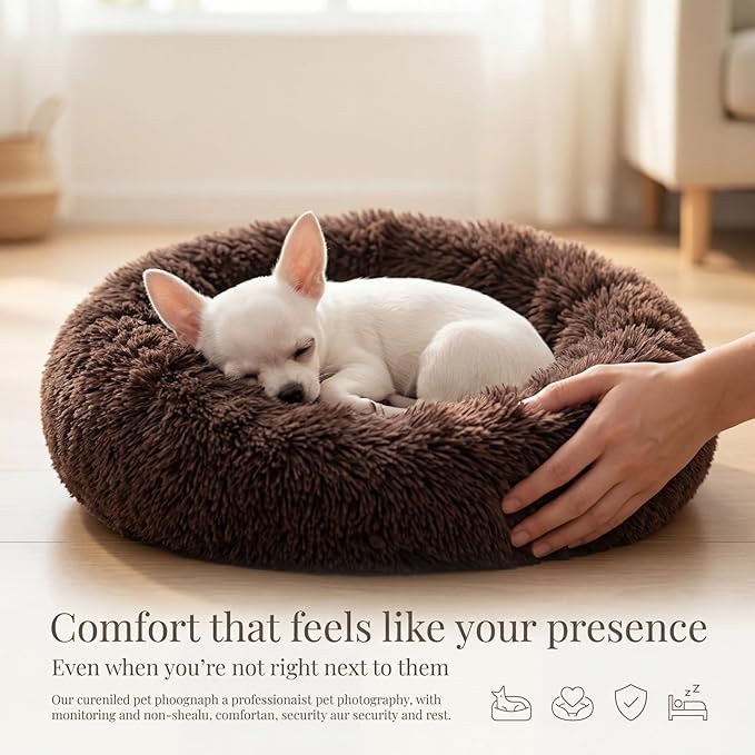 Calming Donut Dogs Beds for Small Dogs Washable,19inch Fluffy Round Puppy Bed for Puppies,Cats & Toy Breeds with Raised Rim,Fits up to 15 lbs Pets,Chocolate Brown