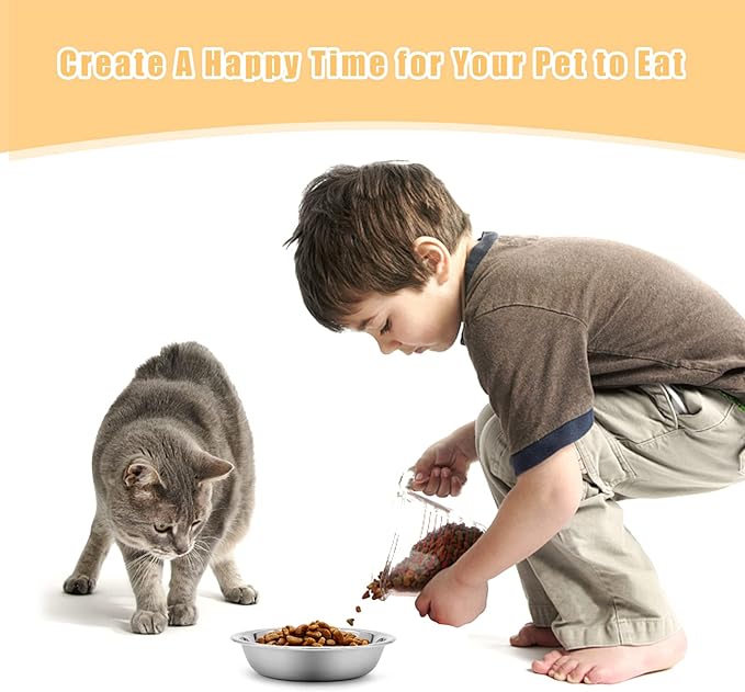 Stainless Steel Cat Bowl - Shallow Wide Flat Cats Food Bowls,Metal Kitten Dishes Whisker Friendly Fatigue Relief,Replacement Basic Kitty Plates for Elevated Stand,Dishwasher Safe（Set of 12）