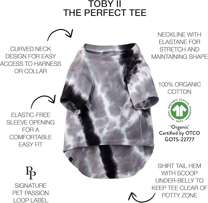 Pet Passion Toby II - The Perfect Tee, 3 Pack Short Sleeve Pet T-Shirt 100% Organic Cotton Tees Clothes for Small, Medium, Large Dogs, Black Sand Tie Dye, XX-Small (4-7 lbs)