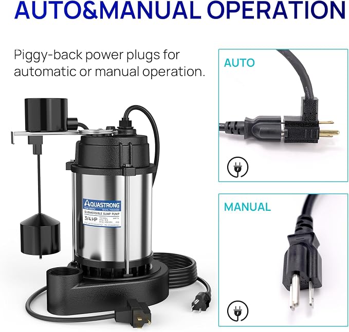 AQUASTRONG 3/4HP Sump Pump, 4890 GPH Submersible Pump, 1-1/2" NPT Discharge | Stainless Steel and Cast Iron Sump Pump, Automatic Integrated Vertical Float Switch with Piggy-back Plug for Basement