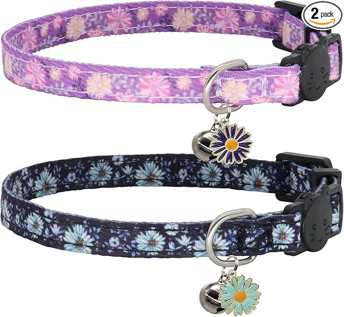 Cat Collar Breakaway, 2 Pack Cotton Kitten Collars with Bells and Removable Charms, Cute Flowers Shaped for Indoor Boy, Girl and Adult Cats, Purple and Blue