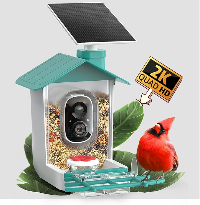 COOAU 2K Smart Bird Feeder with Camera, Faster Solar Powered Charging, Outdoor Birdhouse Cam with Precise AI Birds Recognition, Live Video Watching and Notifications, Ideal Gift for Bird Lovers, Blue