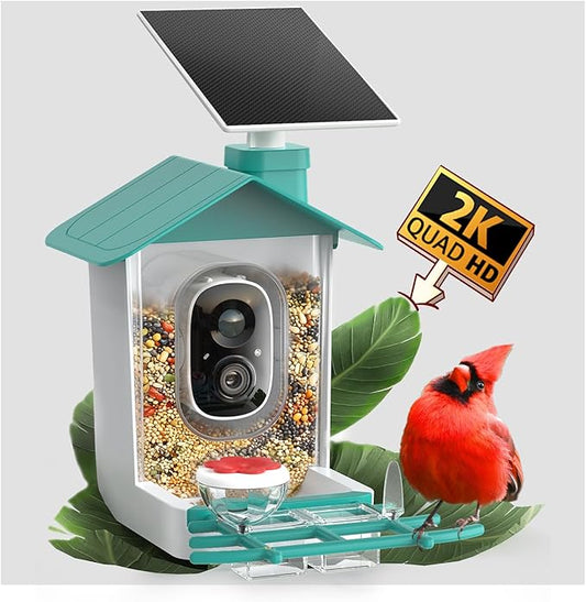 COOAU 2K Smart Bird Feeder with Camera, Faster Solar Powered Charging, Outdoor Birdhouse Cam with Precise AI Birds Recognition, Live Video Watching and Notifications, Ideal Gift for Bird Lovers, Blue