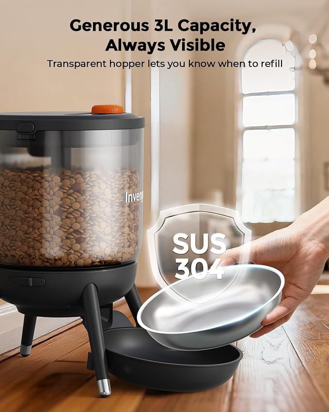 Invengo Automatic Cat Feeder with Timed Food Dispenser, One-Touch Feeding, Dual Power Supply, Anti-Bug Design, Visible 3L Hopper – Automatic Pet Feeder for Cats and Small Dogs