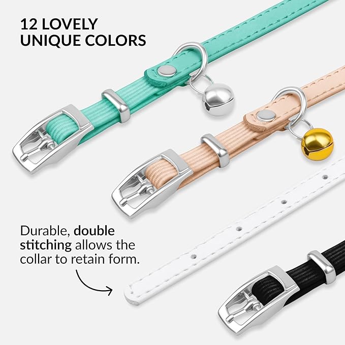 CollarDirect Leather Cat Collar with Removable Bell – Safety Elastic Strap (Breakaway Alternative) – Kitten Collar for Small & Big Boy & Girl Cats