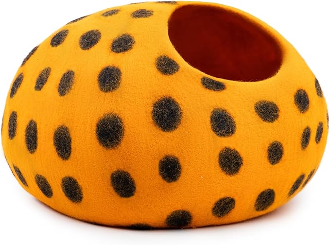 Woolygon Premium Felt Cat Cave Bed – Wool Kitty Beds Handcrafted Kitten Caves Bed for Indoor Cats - Made from Merino Wool, Foldable Cat Hideaway Covered Cat House Pod (Orange Polka)