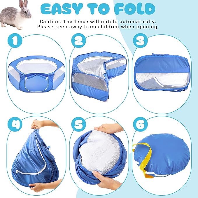 Small Animal Playpen & Grooming Kit, Portable Foldable Pet Playpen with Mesh Top for Rabbits, Guinea Pigs, Hamsters, Hedgehogs, Includes Feeding Bowls, Grooming Tools, and Bedding Mat, Blue