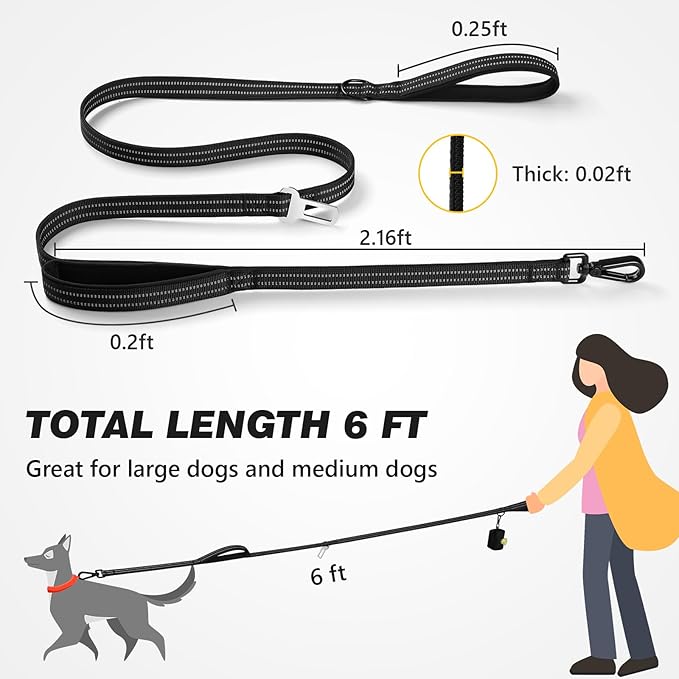 WINGOIN Dog Leash for Large Medium Small Dogs, Heavy Duty Dog Leashes with Double Handle, Poop Bag Holder, Car Seat Belt Buckle, Reflective Tactical Pet Lead for Walking, Training (Black, 6FT)