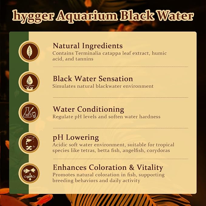 hygger Blackwater Aquarium Conditioner, Humic & Tannins for Tropical Tanks | Natural blackwater formula, olive leaf extract, humic acids and tannins, supporting soft water for freshwater, ph down