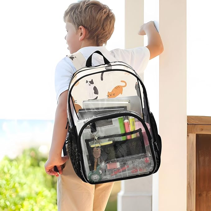Bolaz Clear Backpack for School Cats in Different Poses Pattern Transparent Bookbag for Girls See Through PVC Boy Backpacks